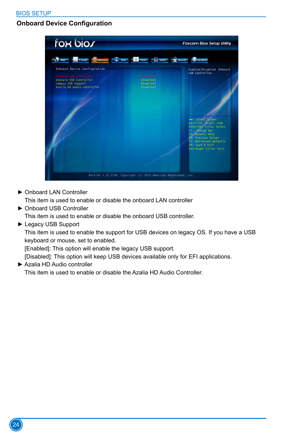 Onboard device configuration, Bios setup 24 | Foxconn D70S Series User Manual | Page 31 / 65