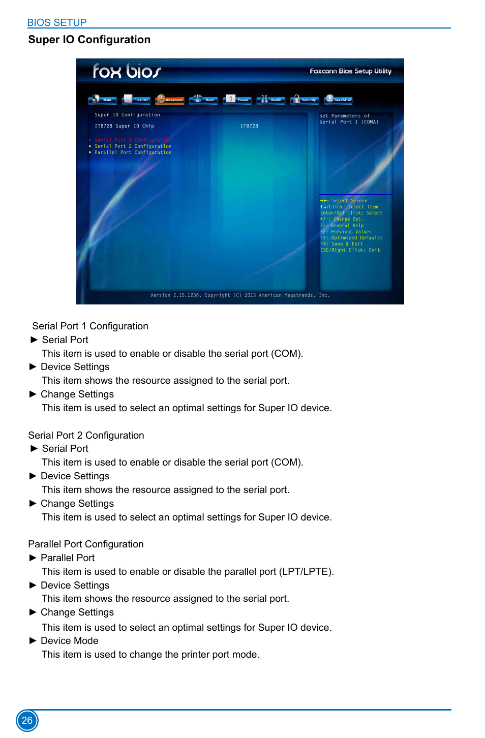 Super io configuration, Bios setup 26 | Foxconn D70S Series User Manual | Page 33 / 65