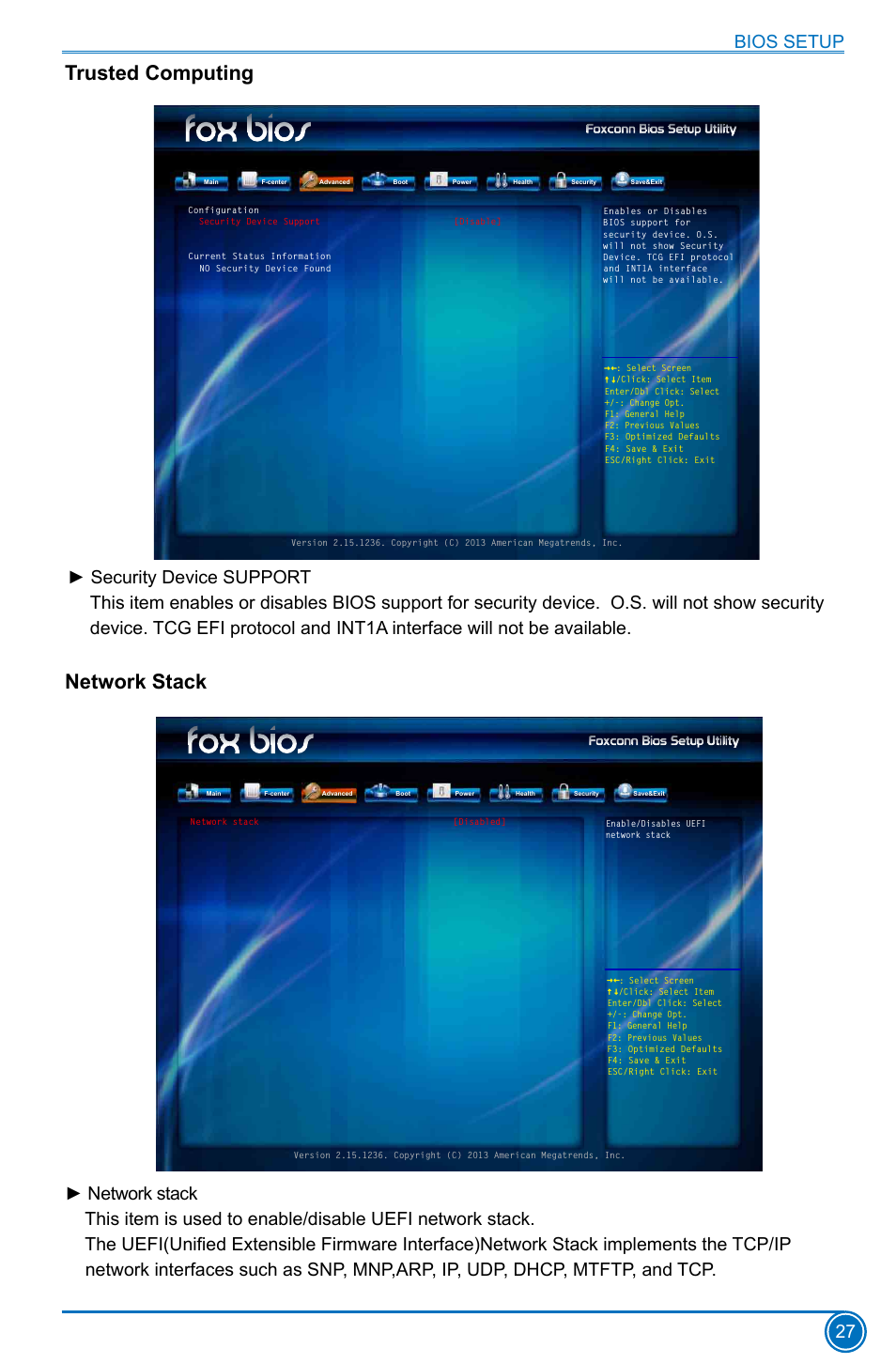 Trusted computing, Network stack, Trusted computing network stack | Bios setup 27 | Foxconn D70S Series User Manual | Page 34 / 65