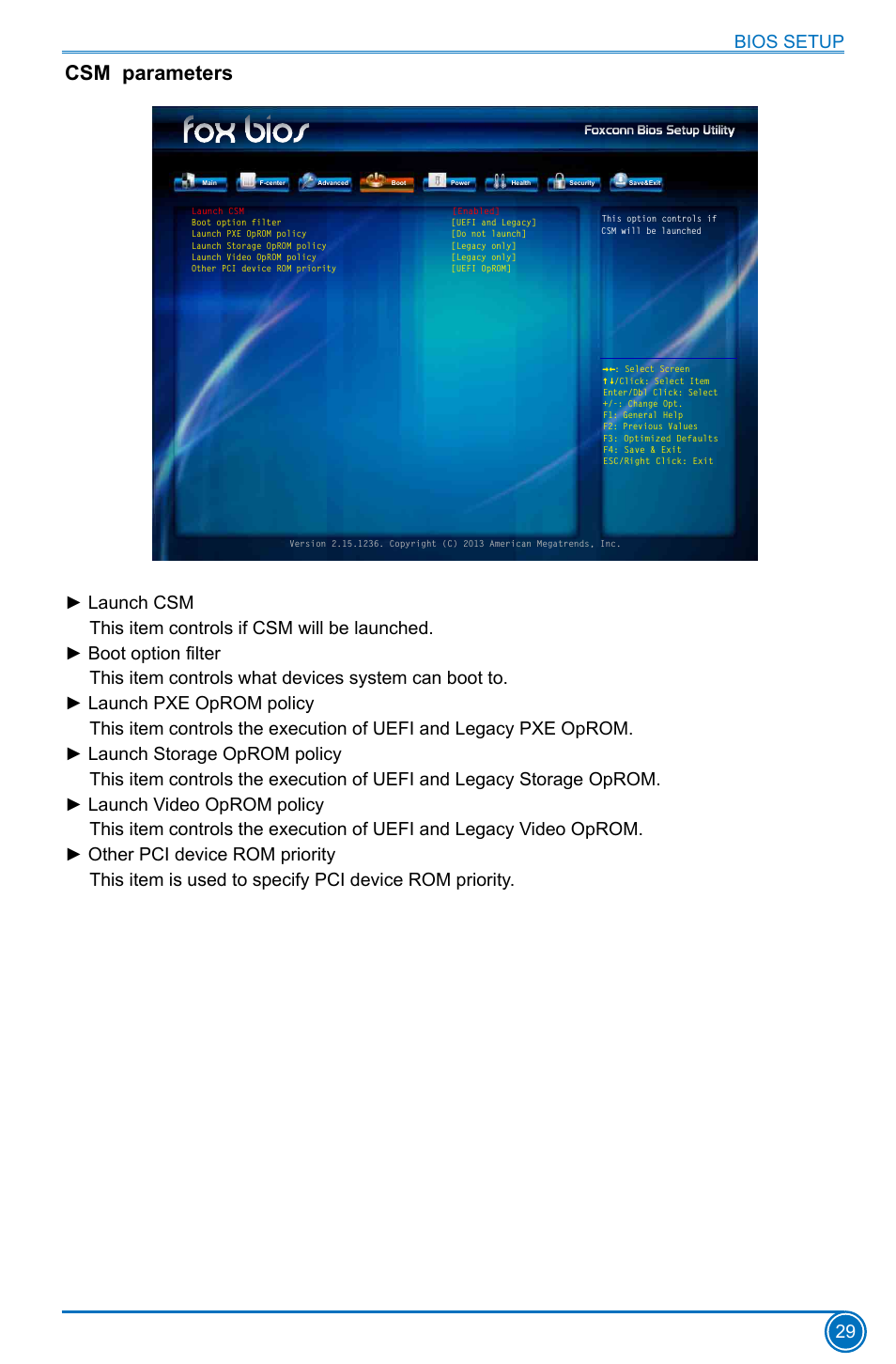 Csm parameters, Bios setup 29 | Foxconn D70S Series User Manual | Page 36 / 65