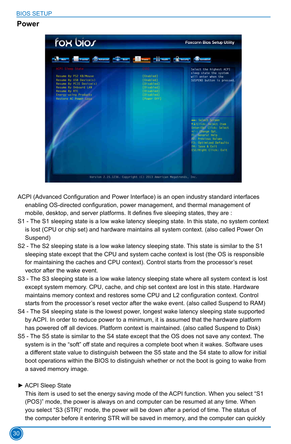 Power, Bios setup 30 | Foxconn D70S Series User Manual | Page 37 / 65