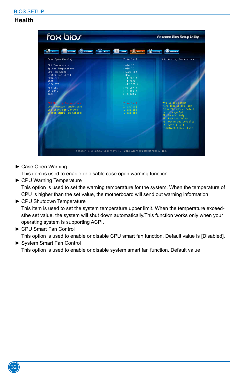 Health, Bios setup 32 | Foxconn D70S Series User Manual | Page 39 / 65