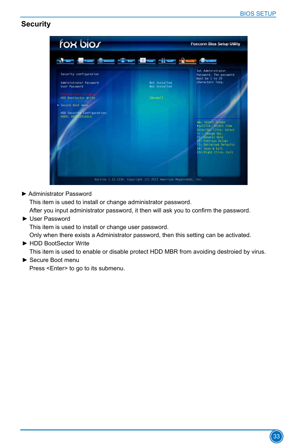 Security, Bios setup 33 | Foxconn D70S Series User Manual | Page 40 / 65