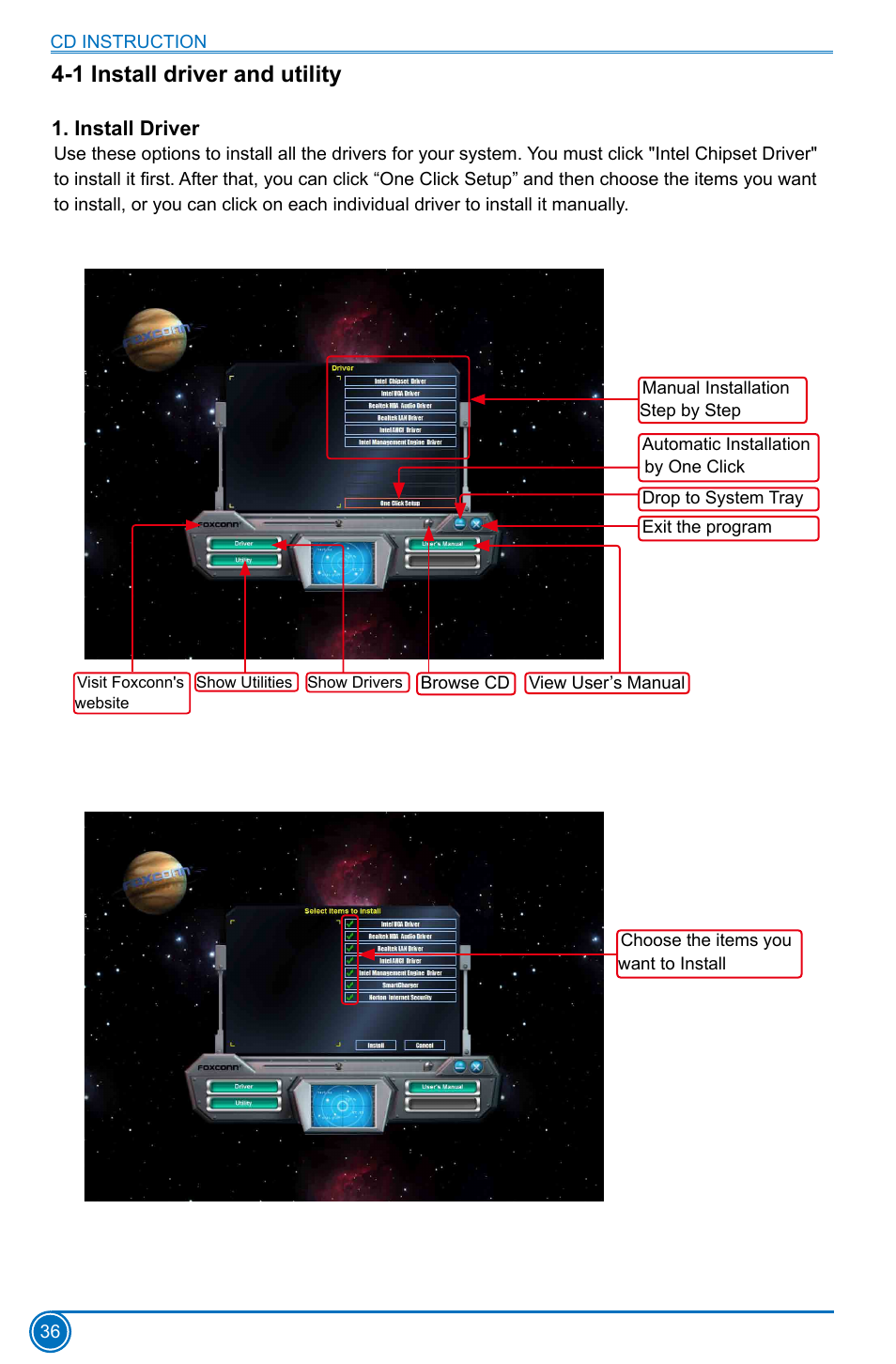 1 install driver and utility, Install driver | Foxconn D70S Series User Manual | Page 43 / 65