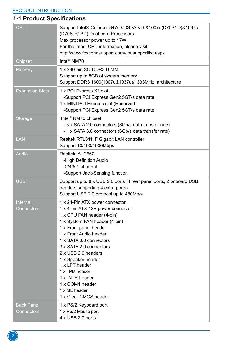 1 product specifications | Foxconn D70S Series User Manual | Page 9 / 65