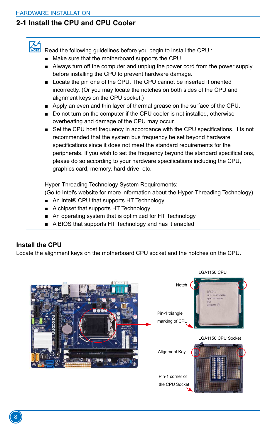 1 install the cpu and cpu cooler, Install the cpu | Foxconn H81MXV Series User Manual | Page 15 / 64