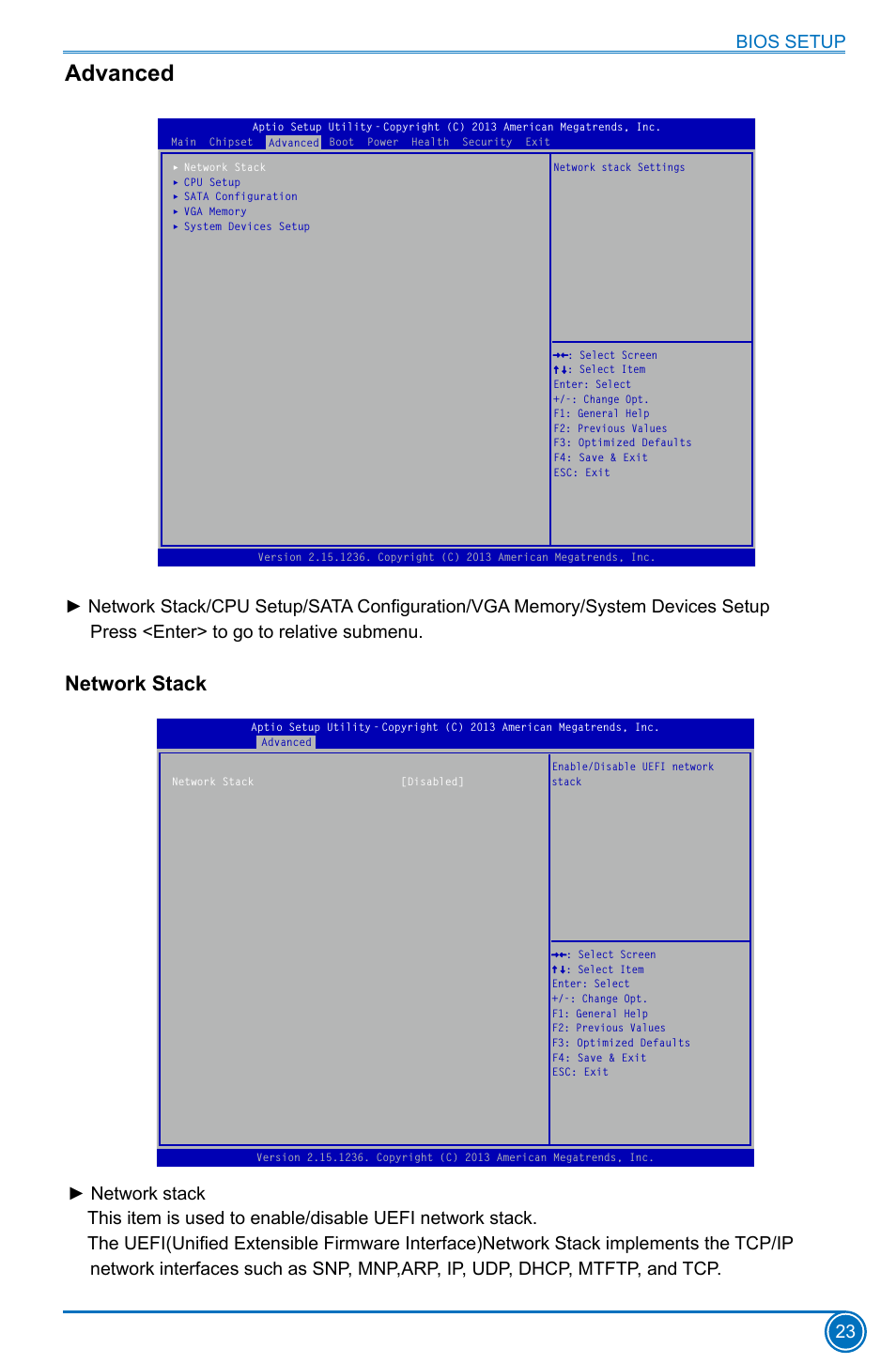 Advanced, Network stack, Bios setup 23 | Foxconn H81MXV Series User Manual | Page 30 / 64