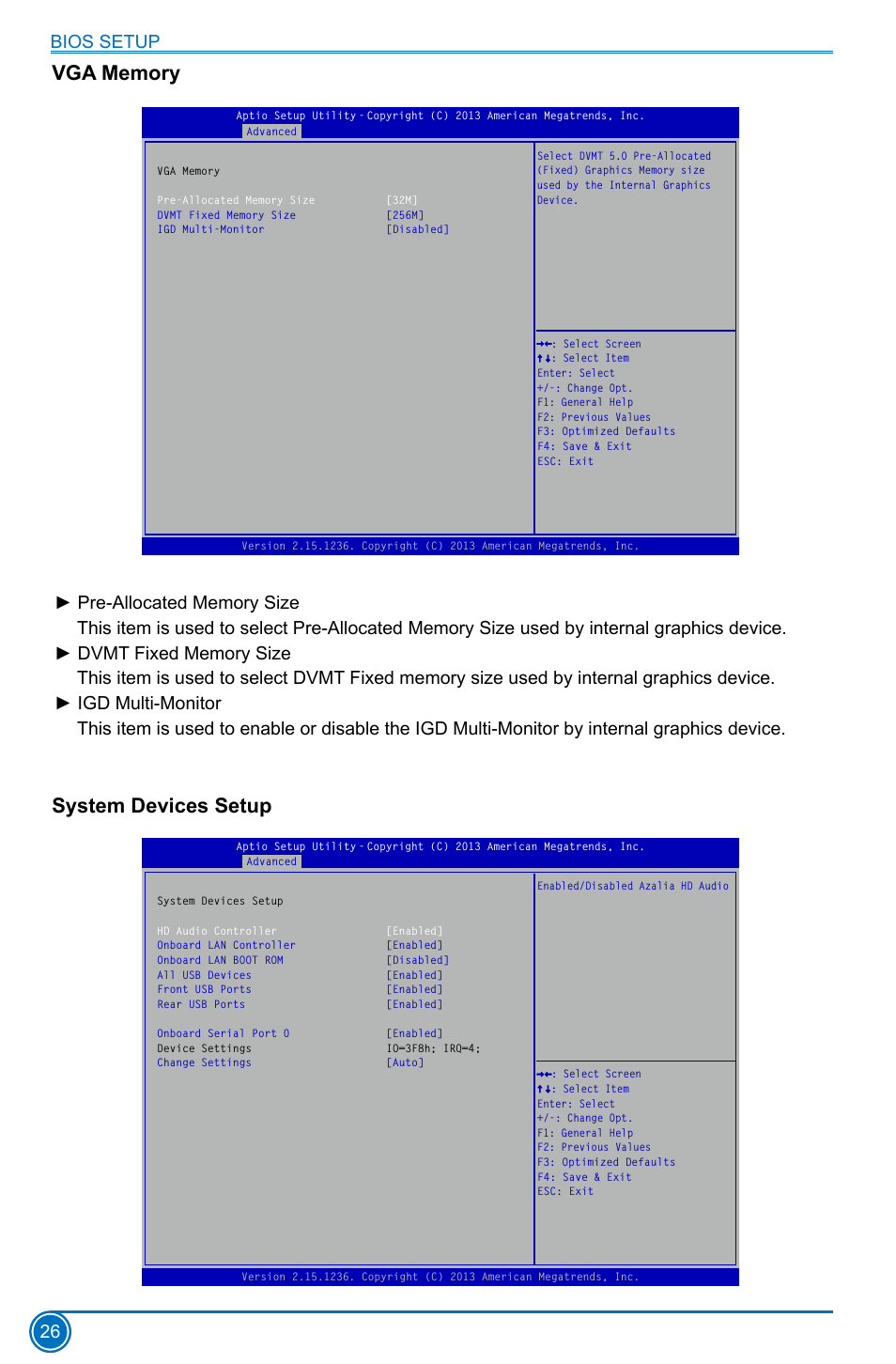 Vga memory, System devices setup, Vga memory system devices setup | Bios setup 26 | Foxconn H81MXV Series User Manual | Page 33 / 64