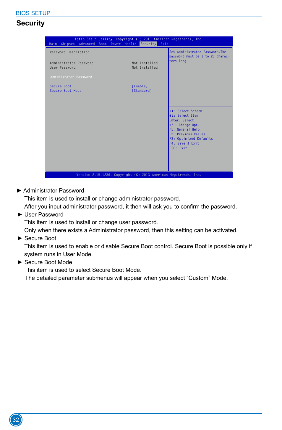 Security, Bios setup 32 | Foxconn H81MXV Series User Manual | Page 39 / 64