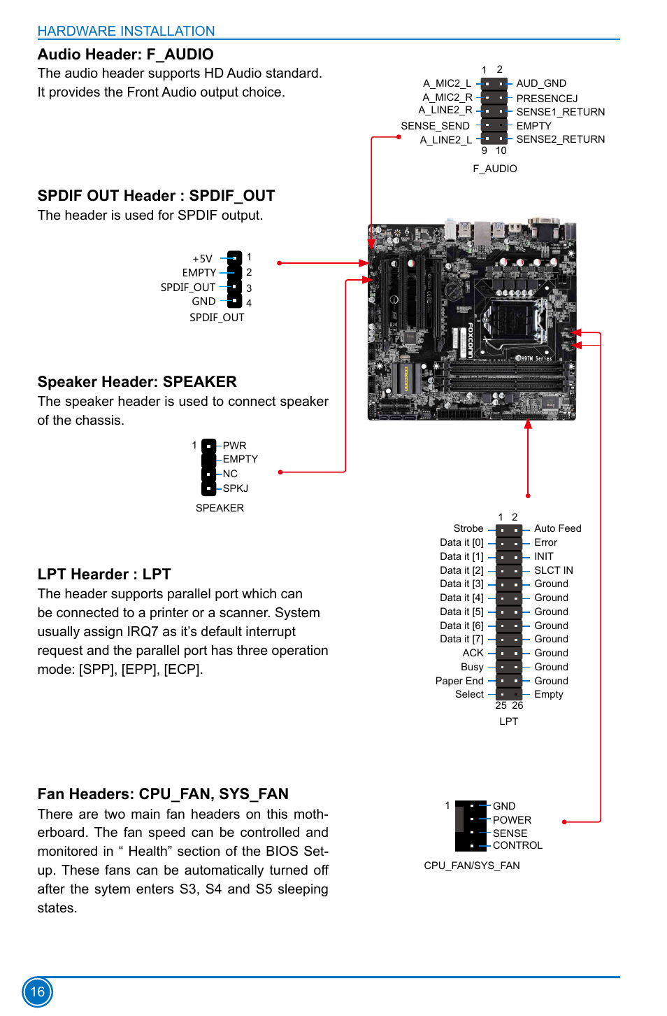 Audio header: f_audio, Spdif out header : spdif_out, Speaker header: speaker | Lpt hearder : lpt, Fan headers: cpu_fan, sys_fan, Hardware installation 16, The header is used for spdif output | Foxconn H97M Plus User Manual | Page 23 / 81