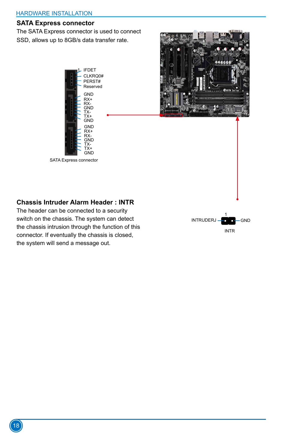 Sata express connector, Chassis intruder alarm header : intr, Hardware installation 18 | Foxconn H97M Plus User Manual | Page 25 / 81