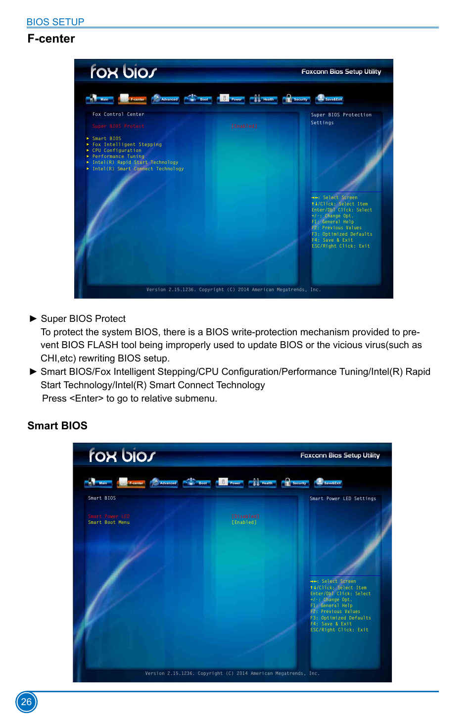 F-center, Smart bios, Bios setup 26 | Foxconn H97M Plus User Manual | Page 33 / 81