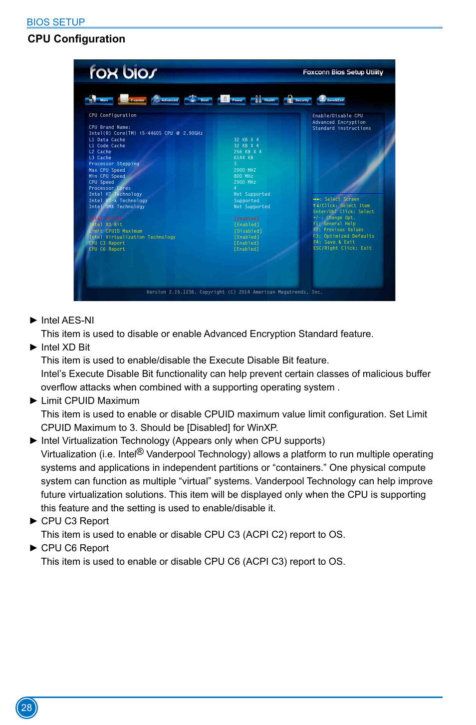 Cpu configuration, Bios setup 28 | Foxconn H97M Plus User Manual | Page 35 / 81