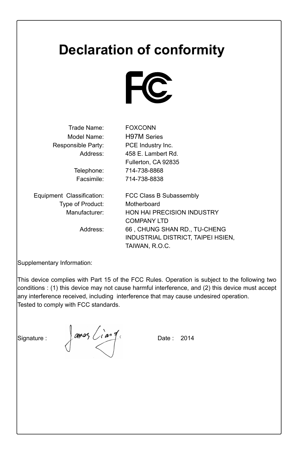 Declaration of conformity | Foxconn H97M Plus User Manual | Page 4 / 81