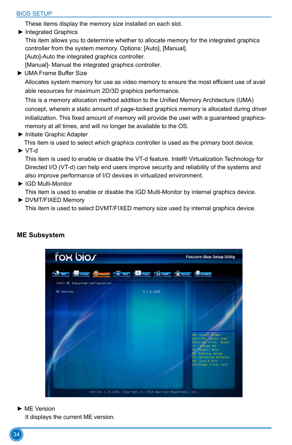 Me subsystem, Me version it displays the current me version, Bios setup 34 | Foxconn H97M Plus User Manual | Page 41 / 81