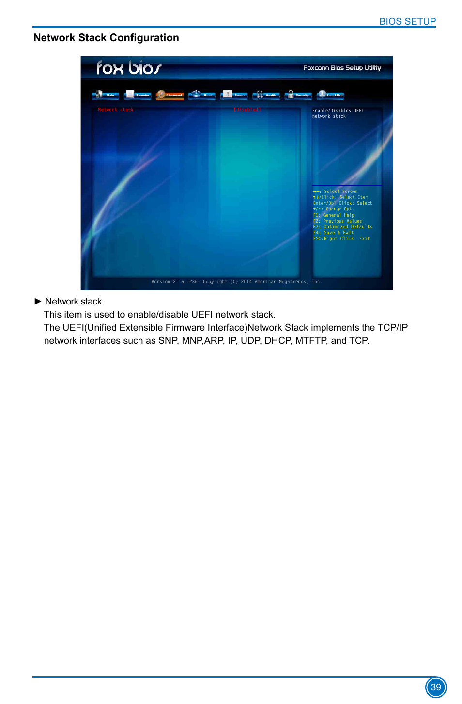 Network stack configuration, Bios setup 39 | Foxconn H97M Plus User Manual | Page 46 / 81