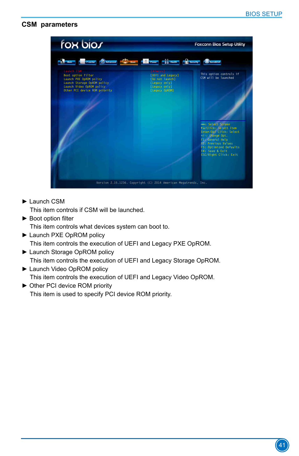 Csm parameters, Bios setup 41 | Foxconn H97M Plus User Manual | Page 48 / 81