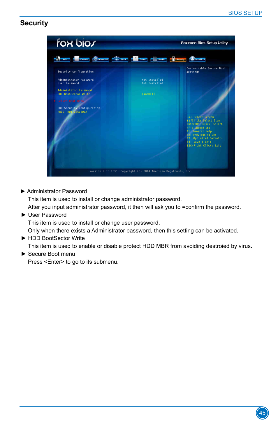 Security, Bios setup 45 | Foxconn H97M Plus User Manual | Page 52 / 81