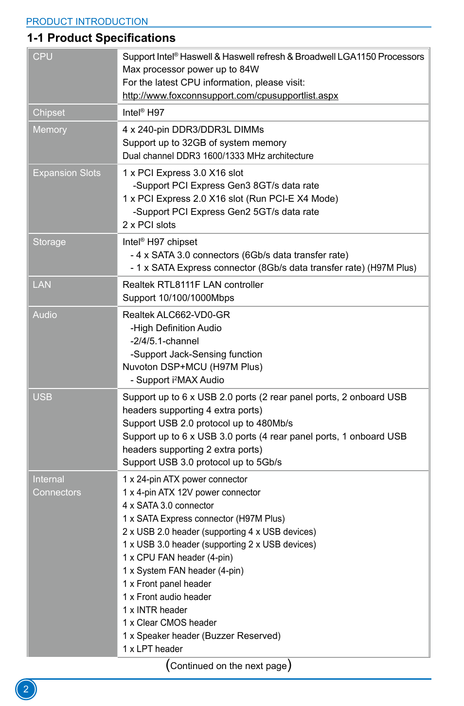 1 product specifications | Foxconn H97M Plus User Manual | Page 9 / 81