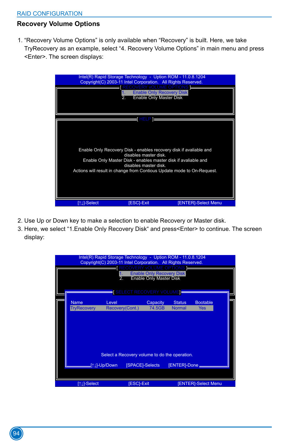 Recovery volume options, Raid configuration 94 | Foxconn B75M User Manual | Page 101 / 106