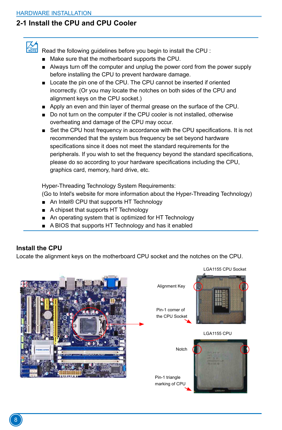 1 install the cpu and cpu cooler, Install the cpu | Foxconn B75M User Manual | Page 15 / 106