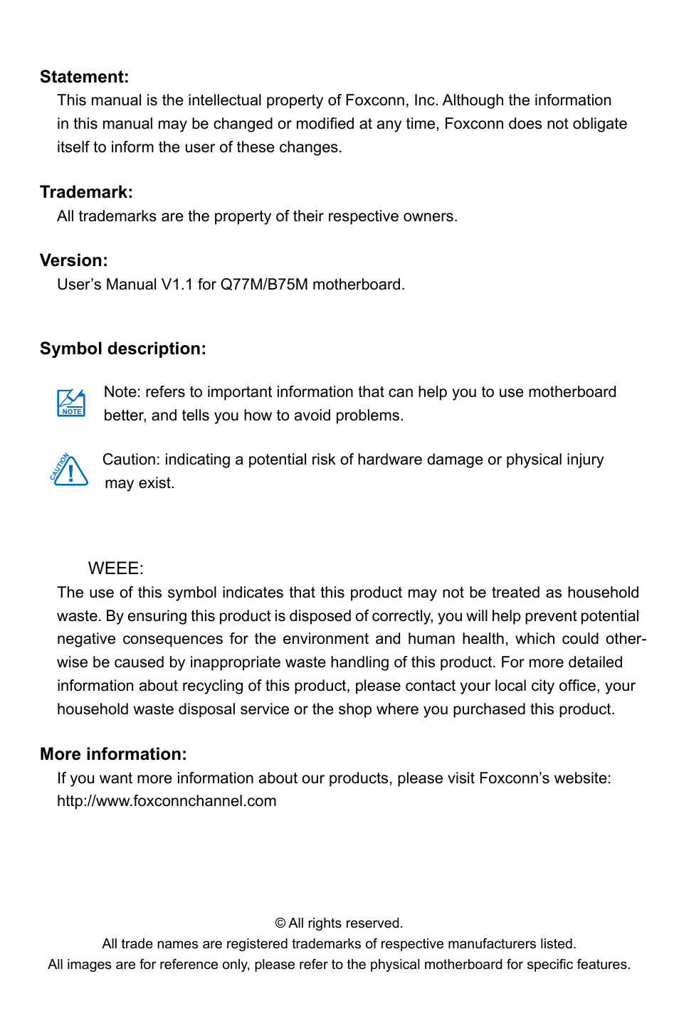 Statement, Trademark, Version | Symbol description, Weee, More information | Foxconn B75M User Manual | Page 2 / 106