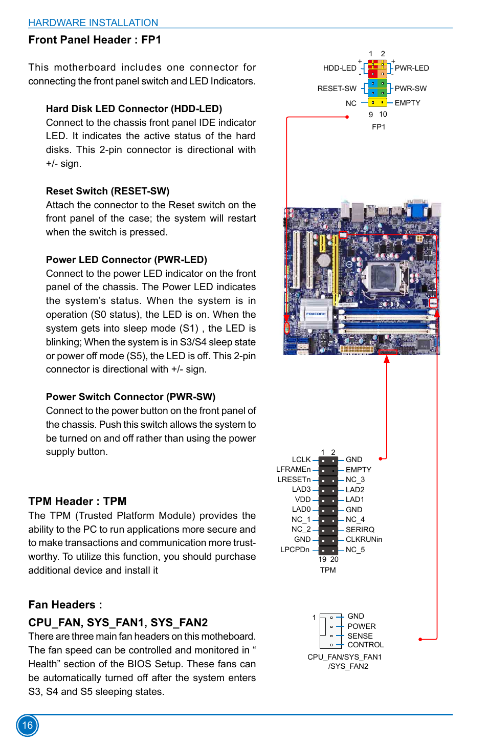 Front panel header : fp1, Tpm header : tpm, Fan headers : cpu_fan, sys_fan1, sys_fan2 | Foxconn B75M User Manual | Page 23 / 106