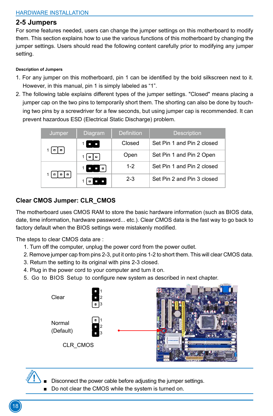 5 jumpers, Clear cmos jumper: clr_cmos | Foxconn B75M User Manual | Page 25 / 106