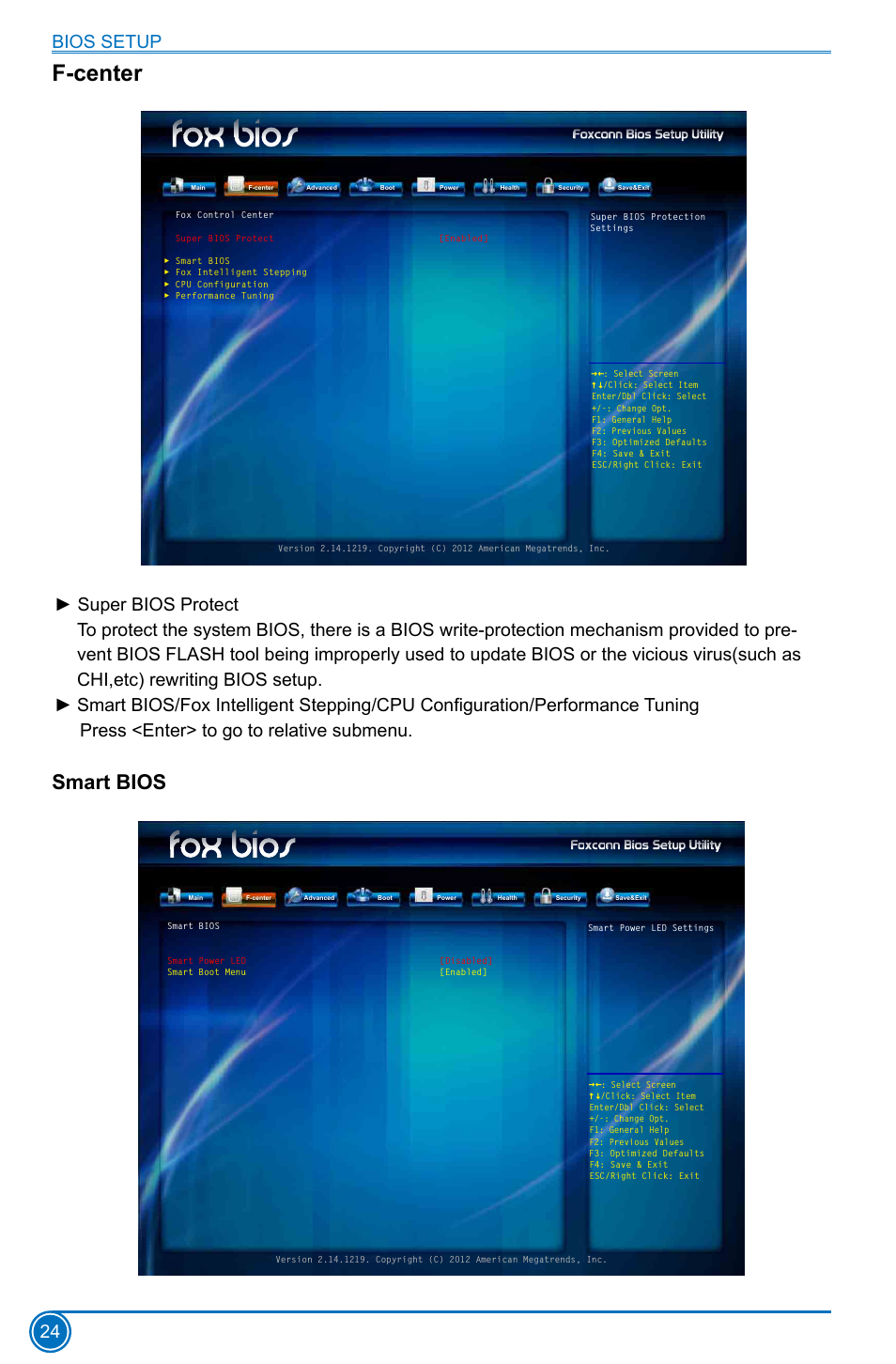 F-center, Smart bios, Bios setup 24 | Foxconn B75M User Manual | Page 31 / 106