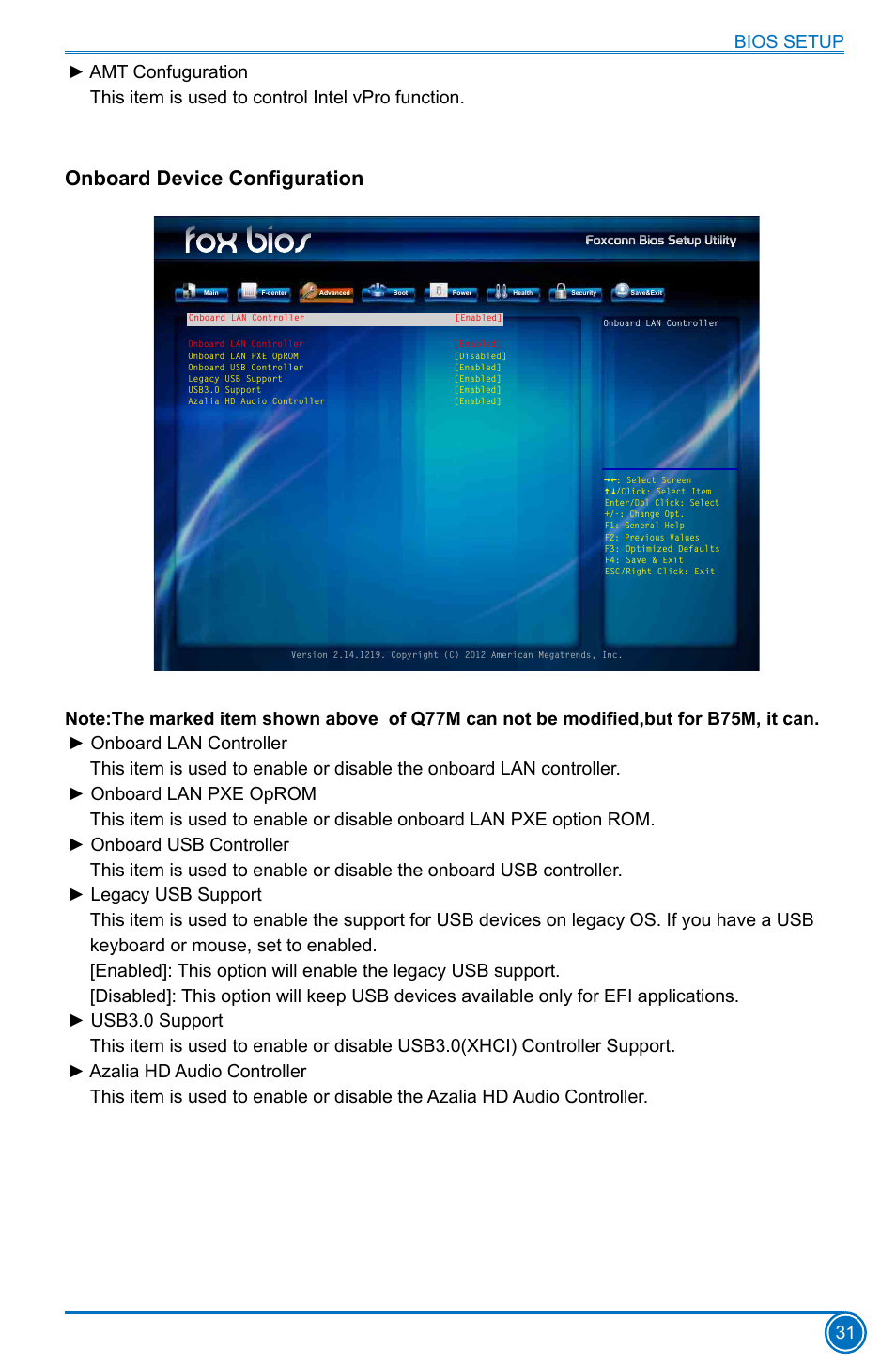 Onboard device configuration, Bios setup 31 | Foxconn B75M User Manual | Page 38 / 106