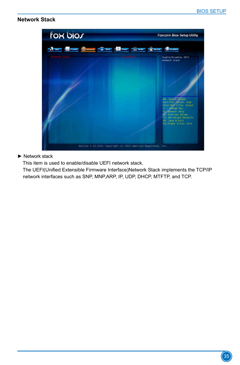 Network stack, Bios setup 35 | Foxconn B75M User Manual | Page 42 / 106