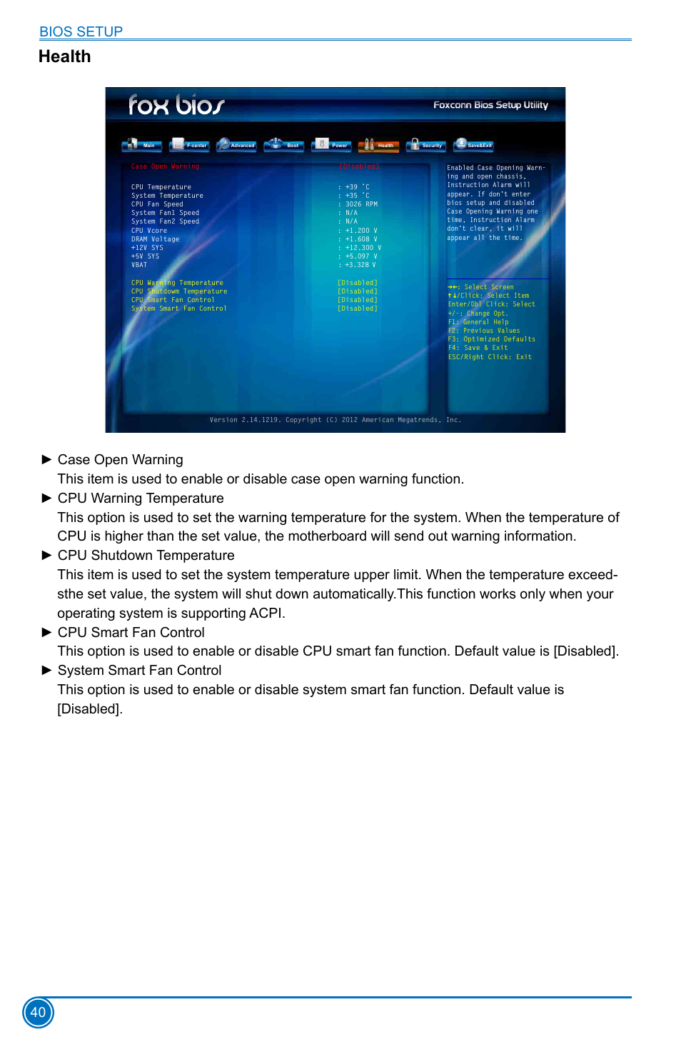 Health, Bios setup 40 | Foxconn B75M User Manual | Page 47 / 106