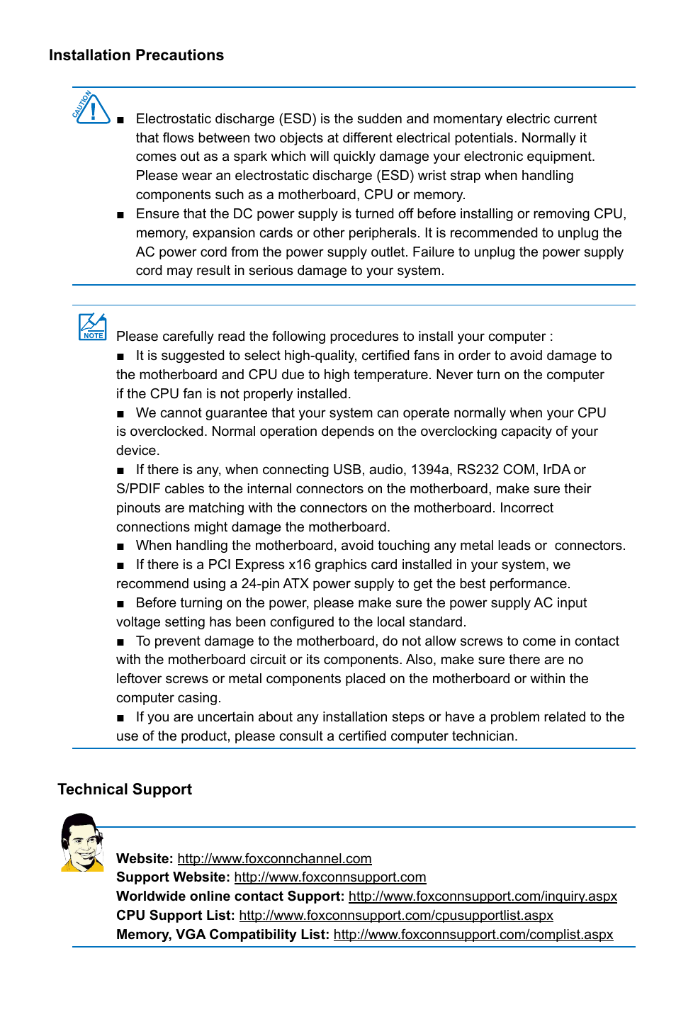 Installation precautions, Technical support | Foxconn B75M User Manual | Page 5 / 106