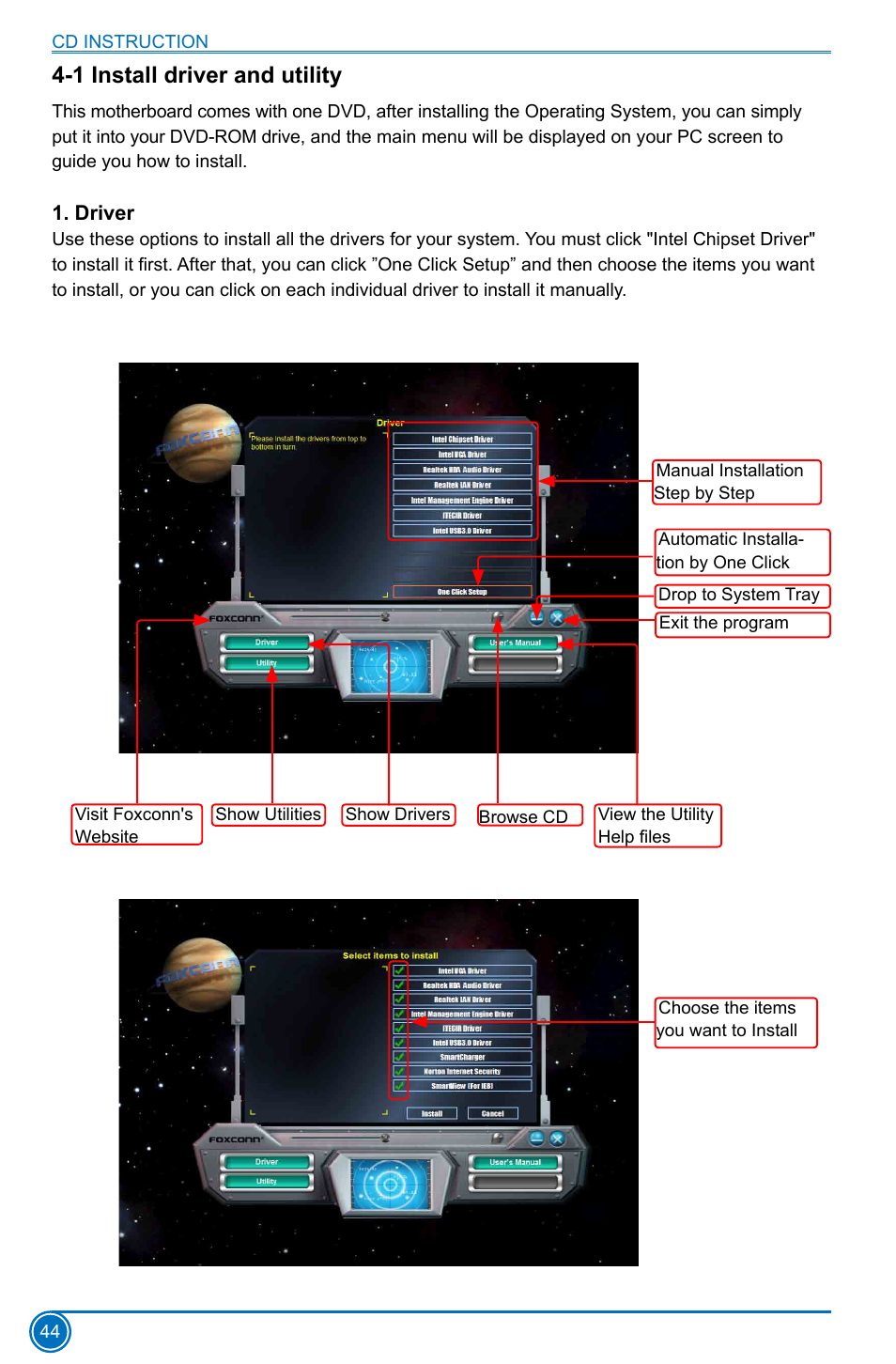 1 install driver and utility, Driver | Foxconn B75M User Manual | Page 51 / 106