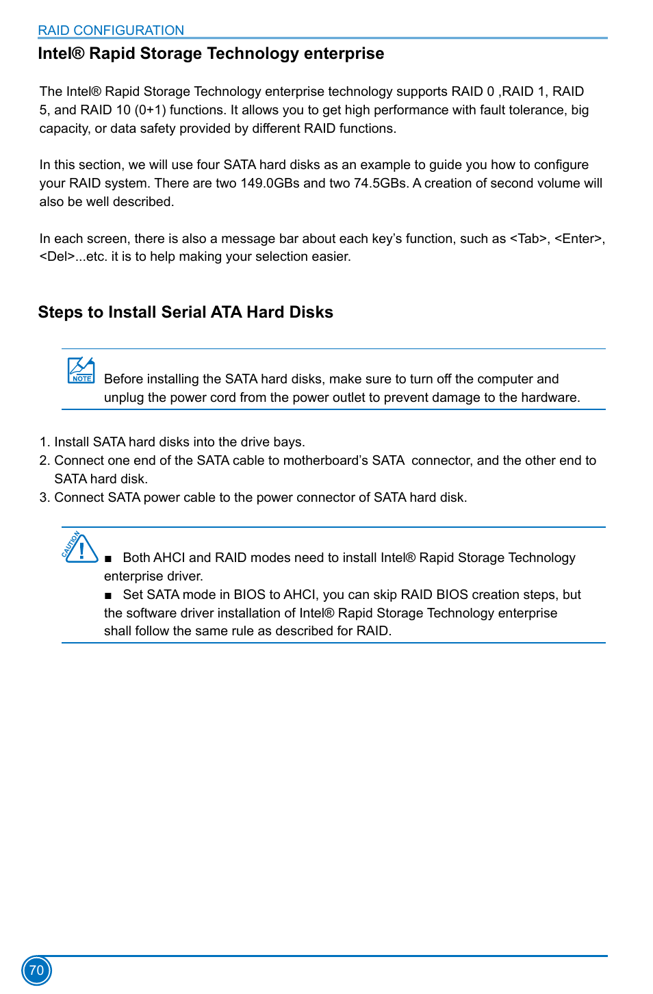 Intel® rapid storage technology enterprise, Steps to install serial ata hard disks | Foxconn B75M User Manual | Page 77 / 106