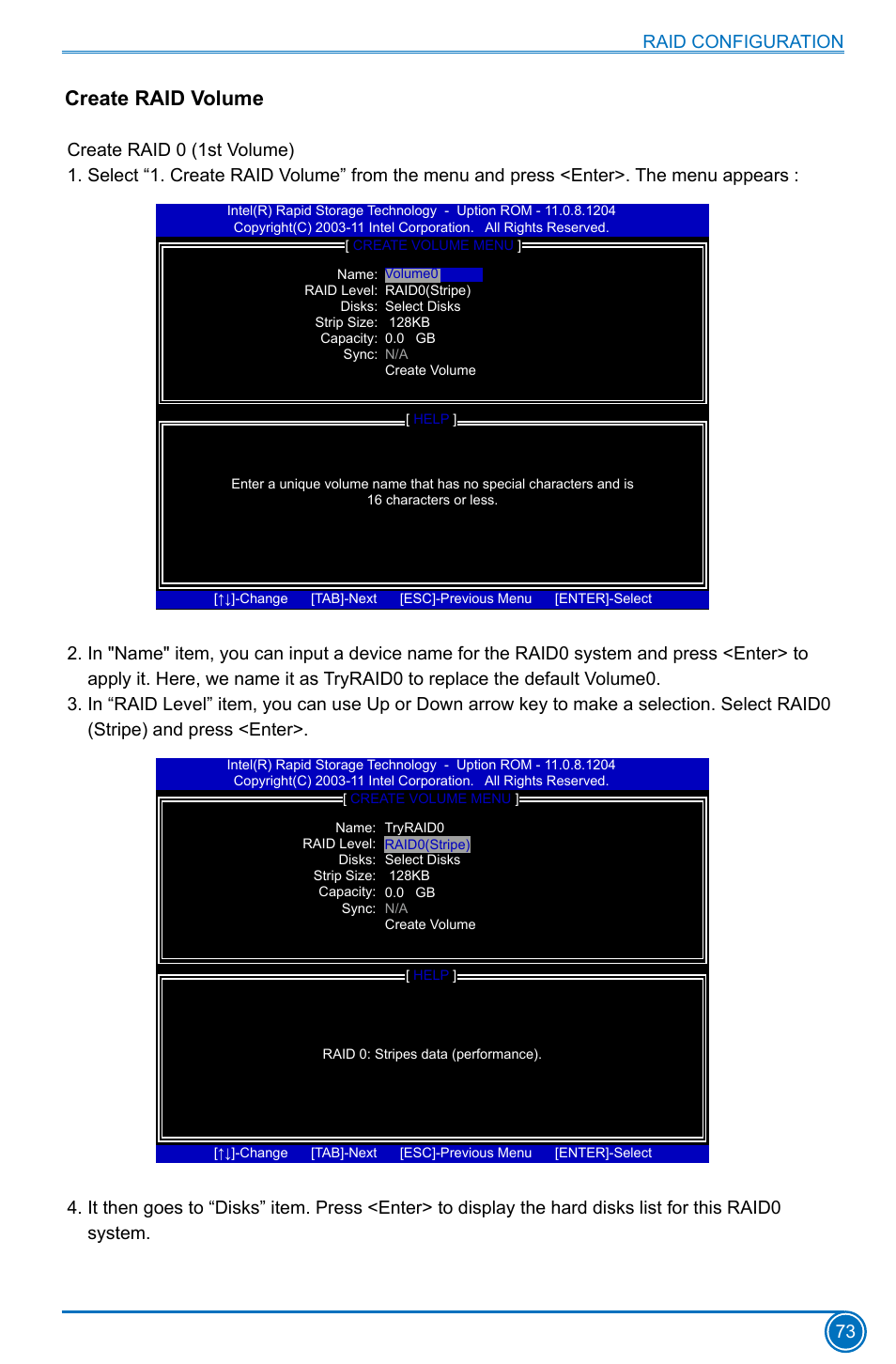 Create raid volume, Raid configuration 73 | Foxconn B75M User Manual | Page 80 / 106