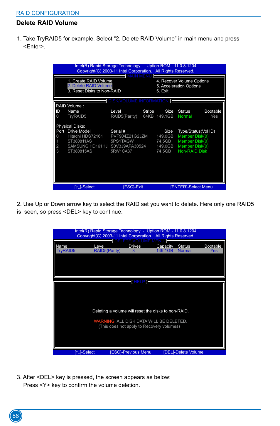 Delete raid volume, Raid configuration 88 | Foxconn B75M User Manual | Page 95 / 106