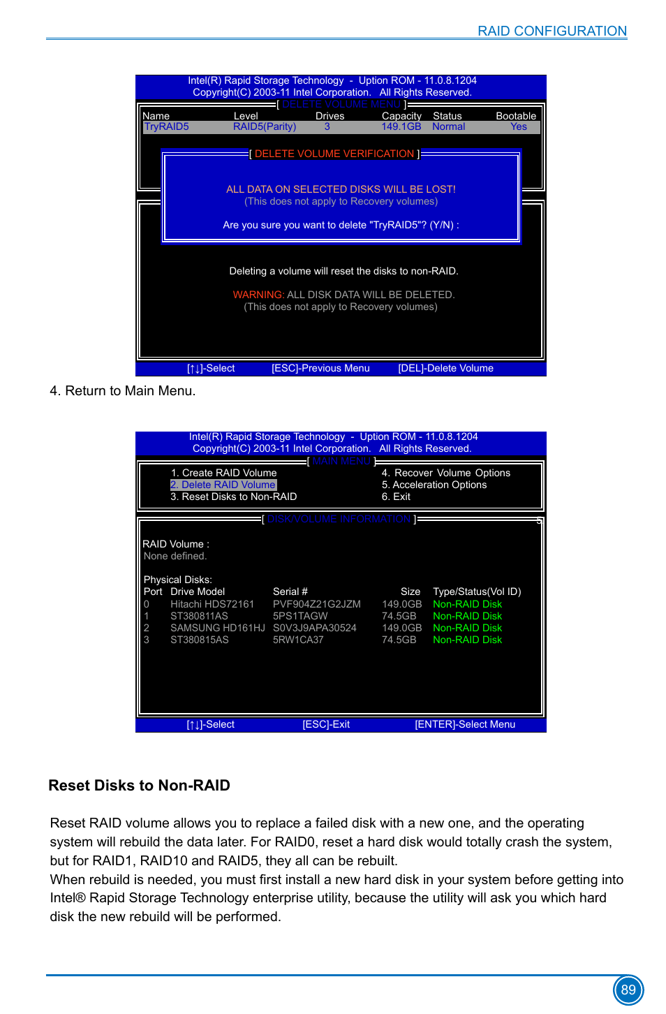 Reset disks to non-raid, Raid configuration 89, Return to main menu | Foxconn B75M User Manual | Page 96 / 106