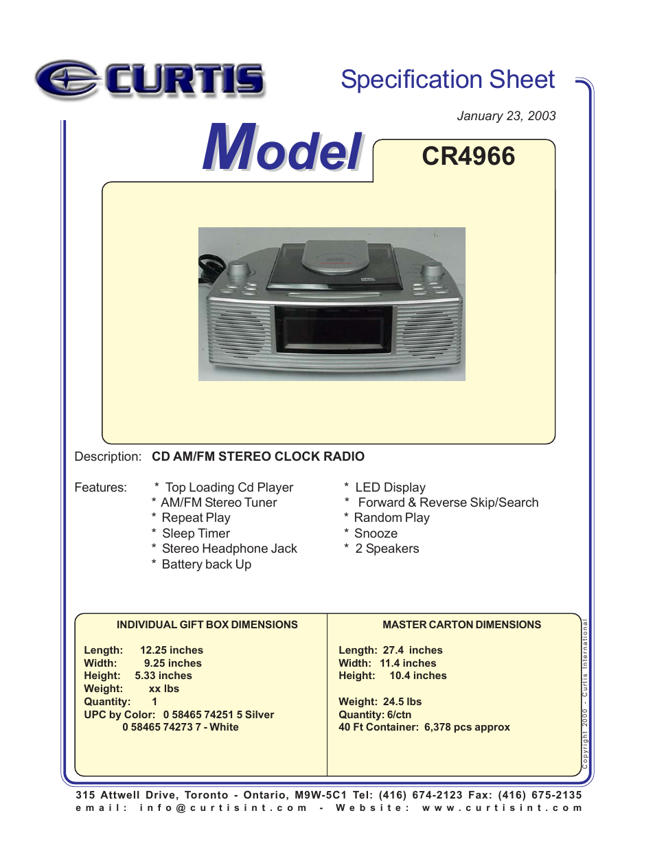 Curtis CR4966 User Manual | 1 page