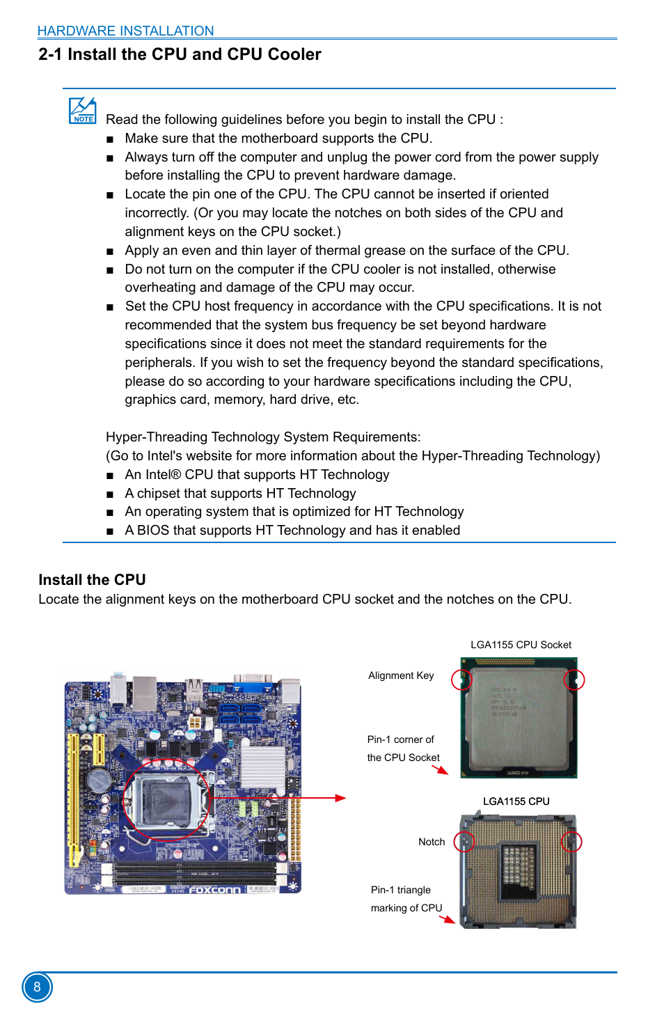 1 install the cpu and cpu cooler, Install the cpu | Foxconn H61MD Series User Manual | Page 15 / 71