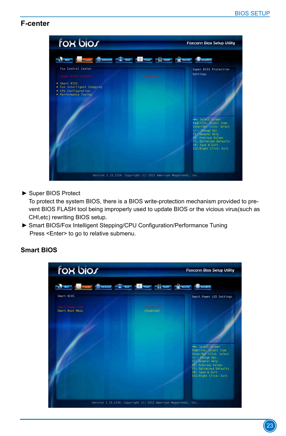F-center, Smart bios, Bios setup 23 | Foxconn H61MD Series User Manual | Page 30 / 71