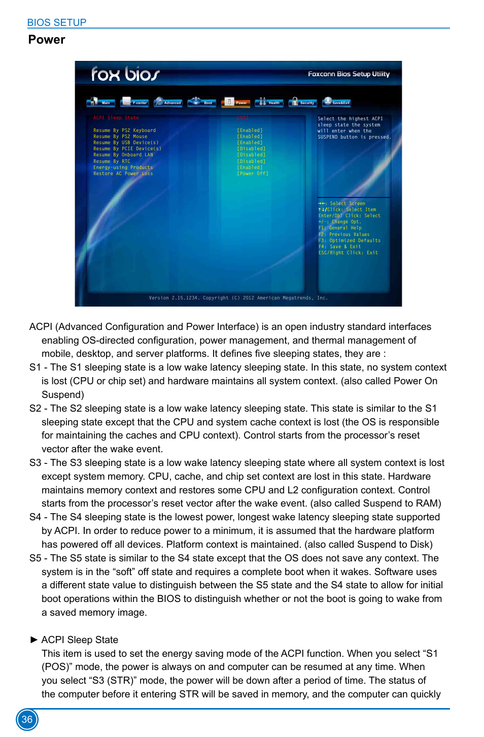 Power, Bios setup 36 | Foxconn H61MD Series User Manual | Page 43 / 71