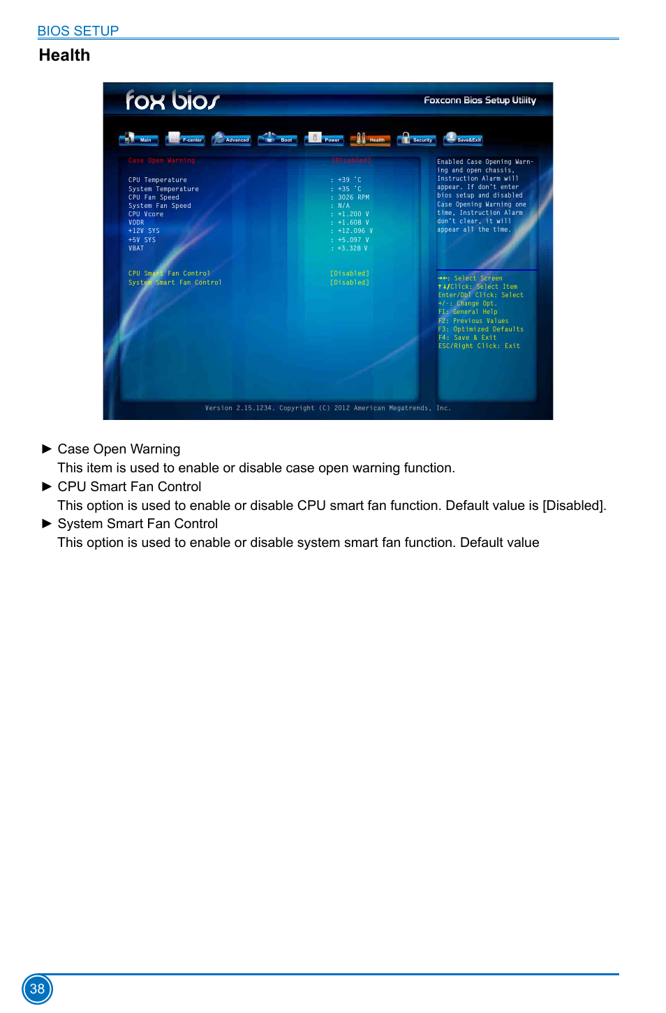 Health, Bios setup 38 | Foxconn H61MD Series User Manual | Page 45 / 71