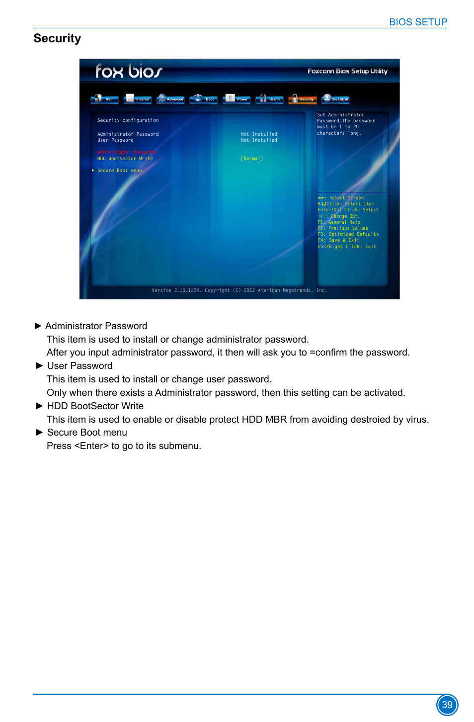 Security, Bios setup 39 | Foxconn H61MD Series User Manual | Page 46 / 71