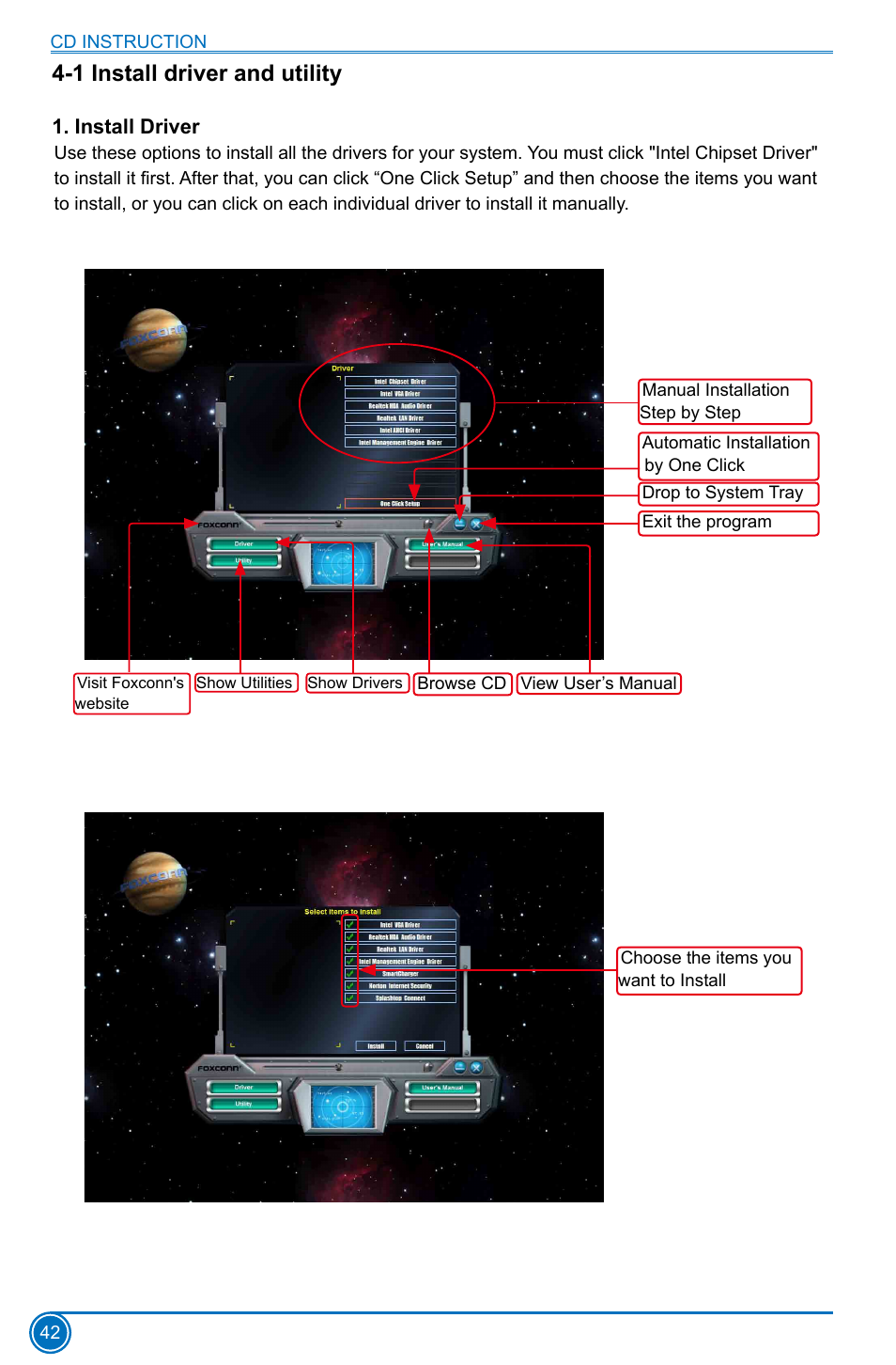 1 install driver and utility, Install driver | Foxconn H61MD Series User Manual | Page 49 / 71