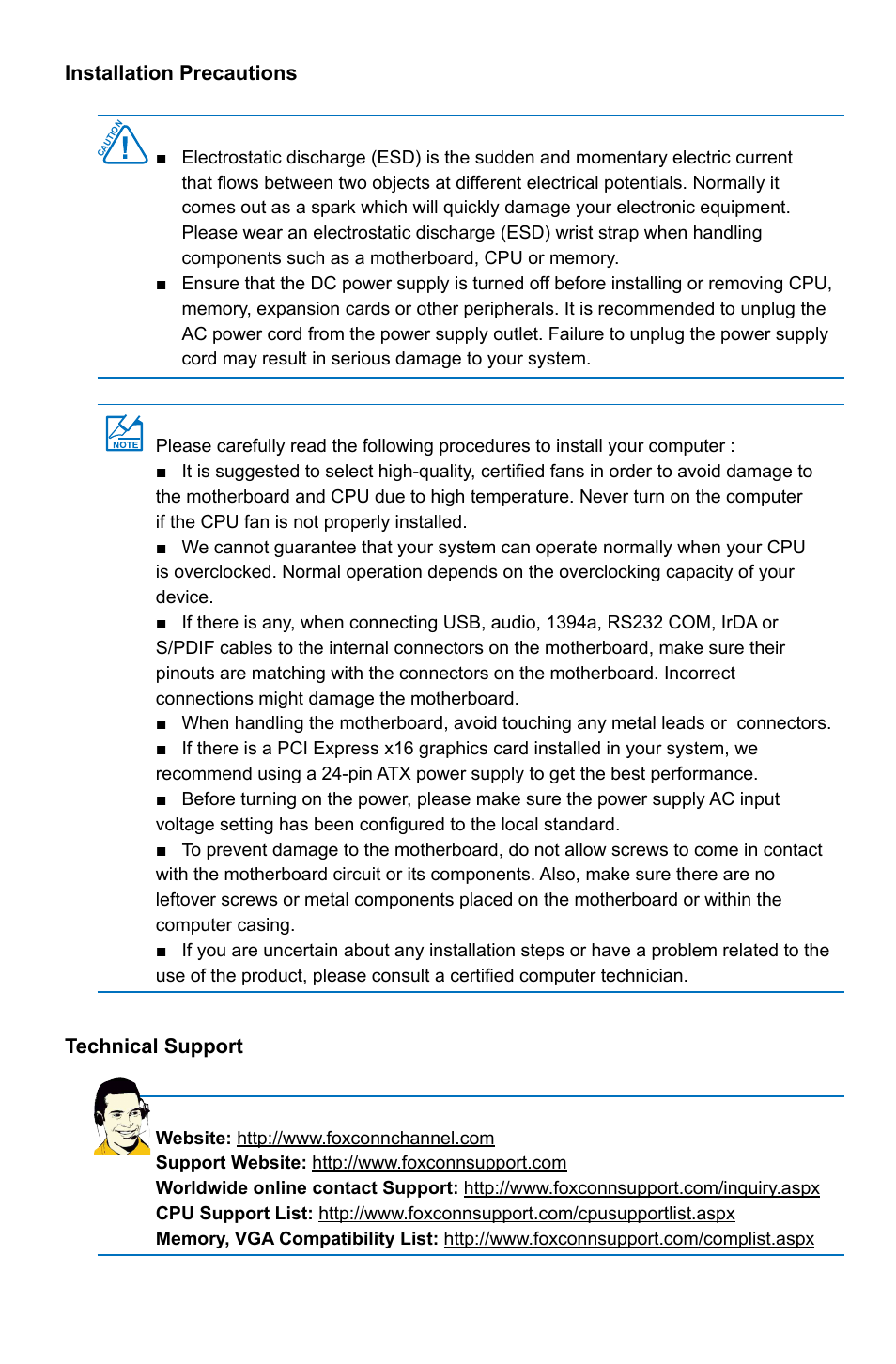 Installation precautions, Technical support | Foxconn H61MD Series User Manual | Page 5 / 71