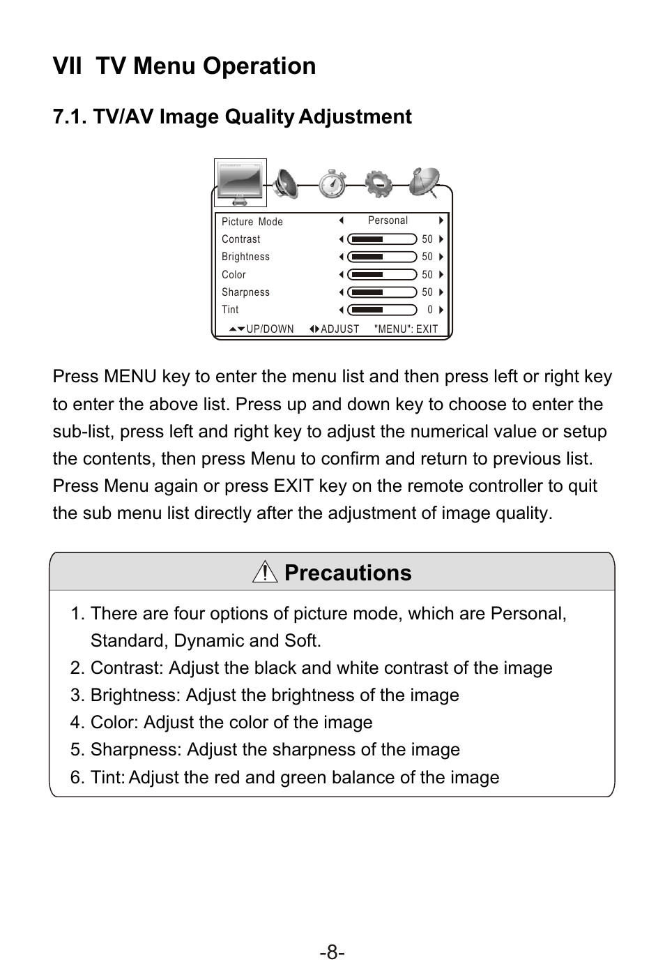 Т³гж 10, Vii tv menu operation, Precautions | Tv/av image quality adjustment | Curtis LCD1105A User Manual | Page 10 / 21