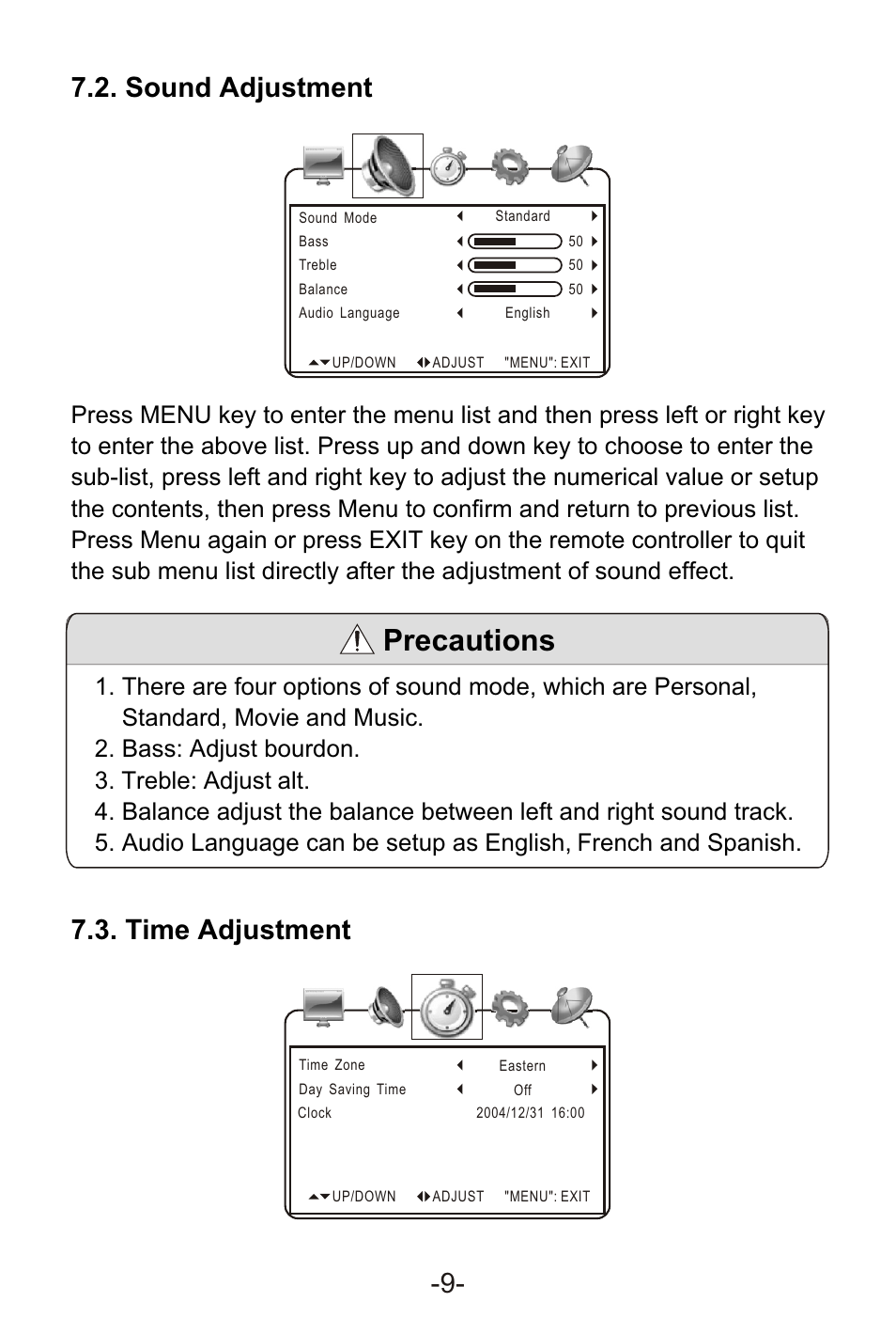 Т³гж 11, Precautions, Sound adjustment 7.3. time adjustment -9 | Curtis LCD1105A User Manual | Page 11 / 21