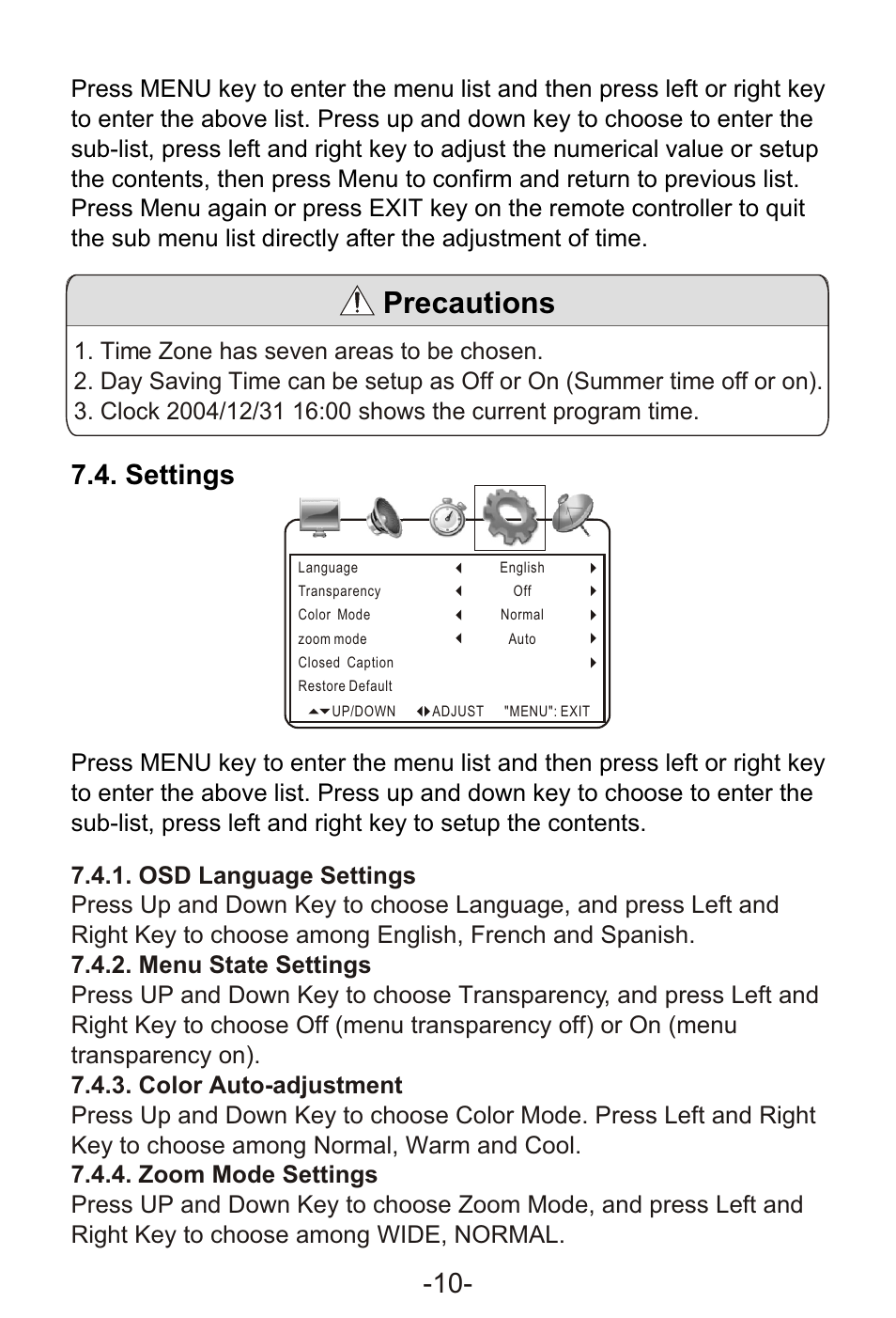 Т³гж 12, Precautions, Settings -10 | Curtis LCD1105A User Manual | Page 12 / 21