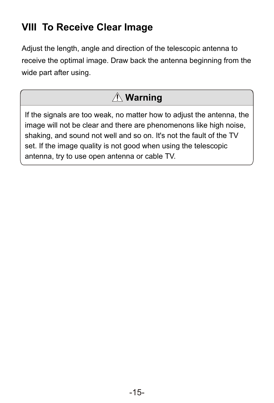 Т³гж 17, Viii to receive clear image, Warning | Curtis LCD1105A User Manual | Page 17 / 21